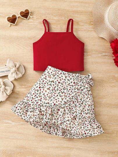 SHEIN 少女度假休闲纯色吊带背心和碎花荷叶边裹身裙套装