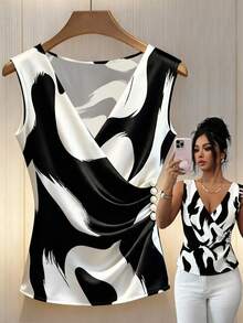 GlowEve 女士黑白抽象涂鸦印花V领侧边褶皱珍珠装饰迷人优雅休闲通勤法式时尚街头风百搭商务度假无袖上衣/衬衫，黑白配色，早春/春夏新款 - 彩色 - 查看 8