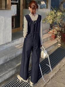 FRIFUL Women's Solid Color Casual Denim Bib Pants Jumpsuit - Blue - View 8