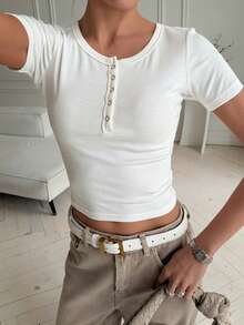 DAZY Camiseta de manga corta de verano de unicolor, cuello redondo, ajustada y casual para mujer - Blanco - Ver 6