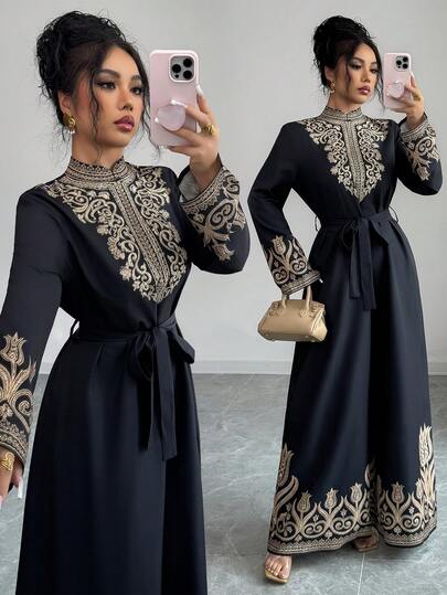 Elenzga 女士优雅休闲中长连衣裙，碎花印花，V领，长袖，适合夏季郊游、约会、新年、情人节、复活节、母亲节、音乐节、中东婚礼等场合。