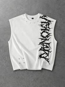 ROMWE MEN Men's Gothic Print Rivet Metal Grommet Loose Tank Top - White - View 1