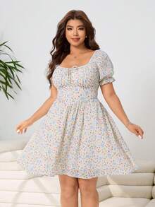 Solflare Frühlings-/Sommer-Neuheit, lässiger Alltags-Pendler-Party-Anzug, geeignet für Hochzeit, Musikfestival, Schulanfang, Abschluss, Urlaub, Streetwear, Erkundung, Stadtbummel, Mehrzweck-Kleidung, kann als Oberbekleidung oder Layering getragen werden, Off-Shoulder, aufgeblähte Ärmel, romantischer französischer Stil mit gelb-blau-rosa Blümchen, taillierend, geraffter Brustbund, kurzes Kleid in Große Größen - Verschiedenfarbig - Übersicht 2