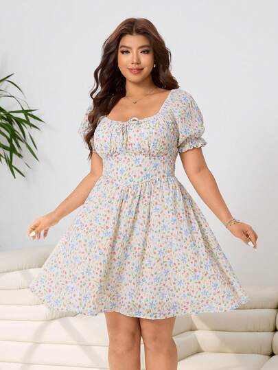 Solflare Spring/Summer New Casual Everyday Commute Party Suitable For Wedding, Music Festival, Back To School, Graduation, Vacation, Streetwear, Exploration, City Stroll, Multi-Occasion Wear, Can Be Worn Outerwear Or Layering, Off Shoulder, Puff Sleeve, Romantic French Style Yellow Blue Pink Ditsy Floral, Waist Cinching, Chest Ruched Tie, Short Plus Size Dress