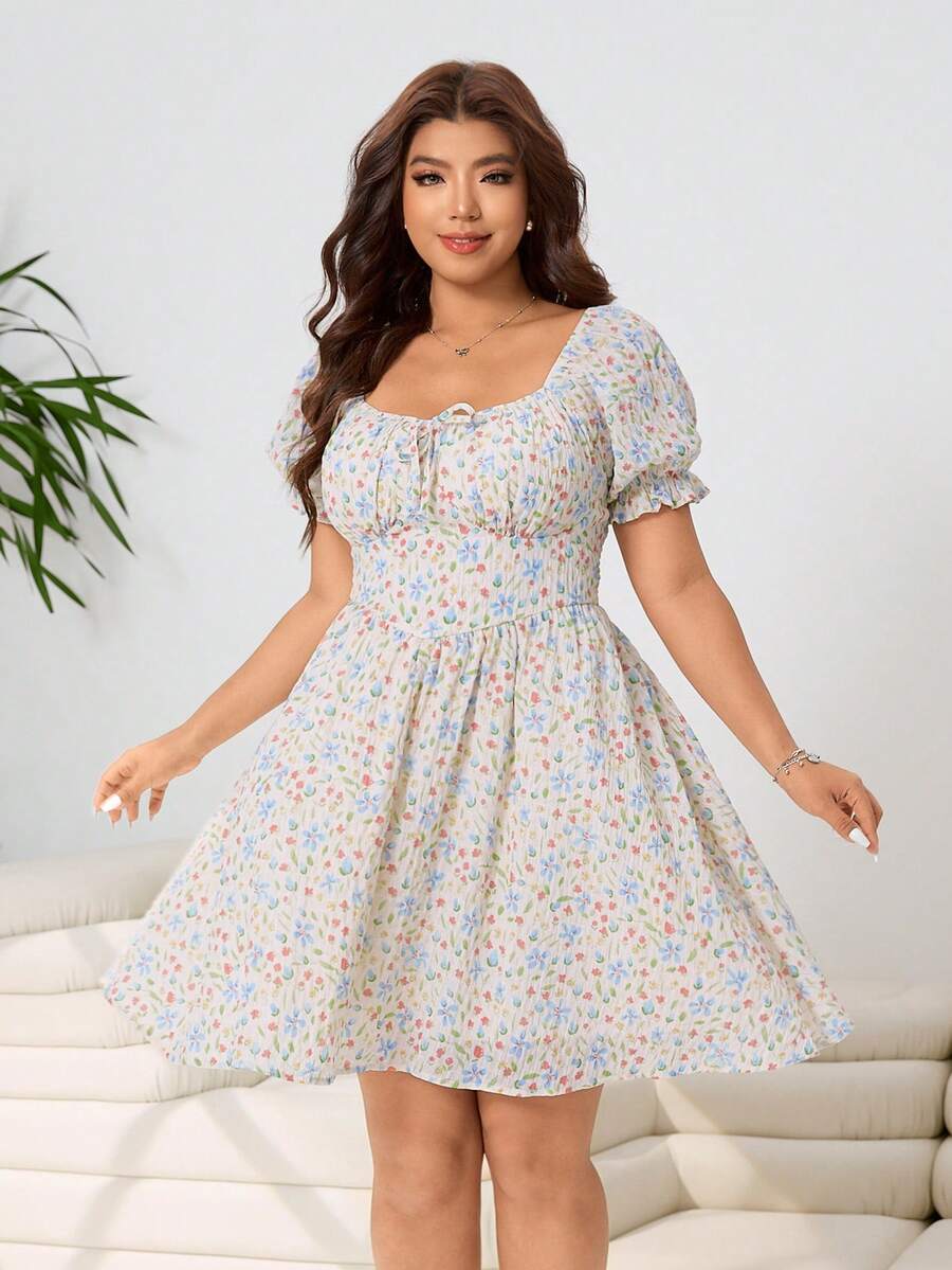 Solflare Frühlings-/Sommer-Neuheit, lässiger Alltags-Pendler-Party-Anzug, geeignet für Hochzeit, Musikfestival, Schulanfang, Abschluss, Urlaub, Streetwear, Erkundung, Stadtbummel, Mehrzweck-Kleidung, kann als Oberbekleidung oder Layering getragen werden, Off-Shoulder, aufgeblähte Ärmel, romantischer französischer Stil mit gelb-blau-rosa Blümchen, taillierend, geraffter Brustbund, kurzes Kleid in Große Größen