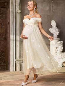 SHEIN Đầm lưới sang trọng hở vai đính sequin dành cho bà bầu - Màu be - Xem 8