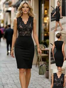 Editum 女士新款优雅蕾丝拼接收腰修身连衣裙，适合日常穿着及多种场合 - 黑色 - 查看 1