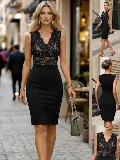 Editum 女士新款优雅蕾丝拼接收腰修身连衣裙，适合日常穿着及多种场合