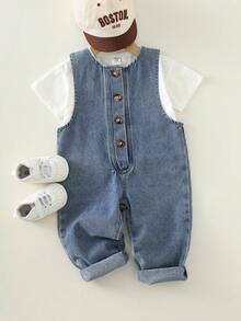 SHEIN Unisex Baby Casual Cute Denim Bib Pants, Suitable For Summer, Spring, Autumn - Multicolor - View 5