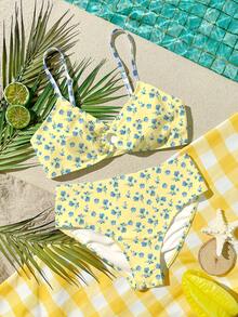 少女休闲简约修身吊带背心和比基尼泳装套装，适合夏季穿着 - 彩色 - 查看 1