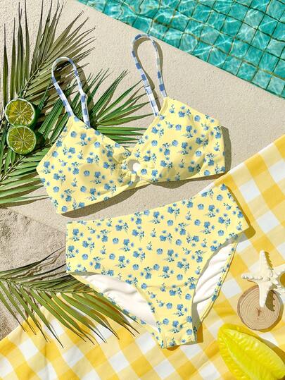 Teen Girls Casual Minimalist Fitted Camisole & Bikini Swimwear Set, Suitable For Summer