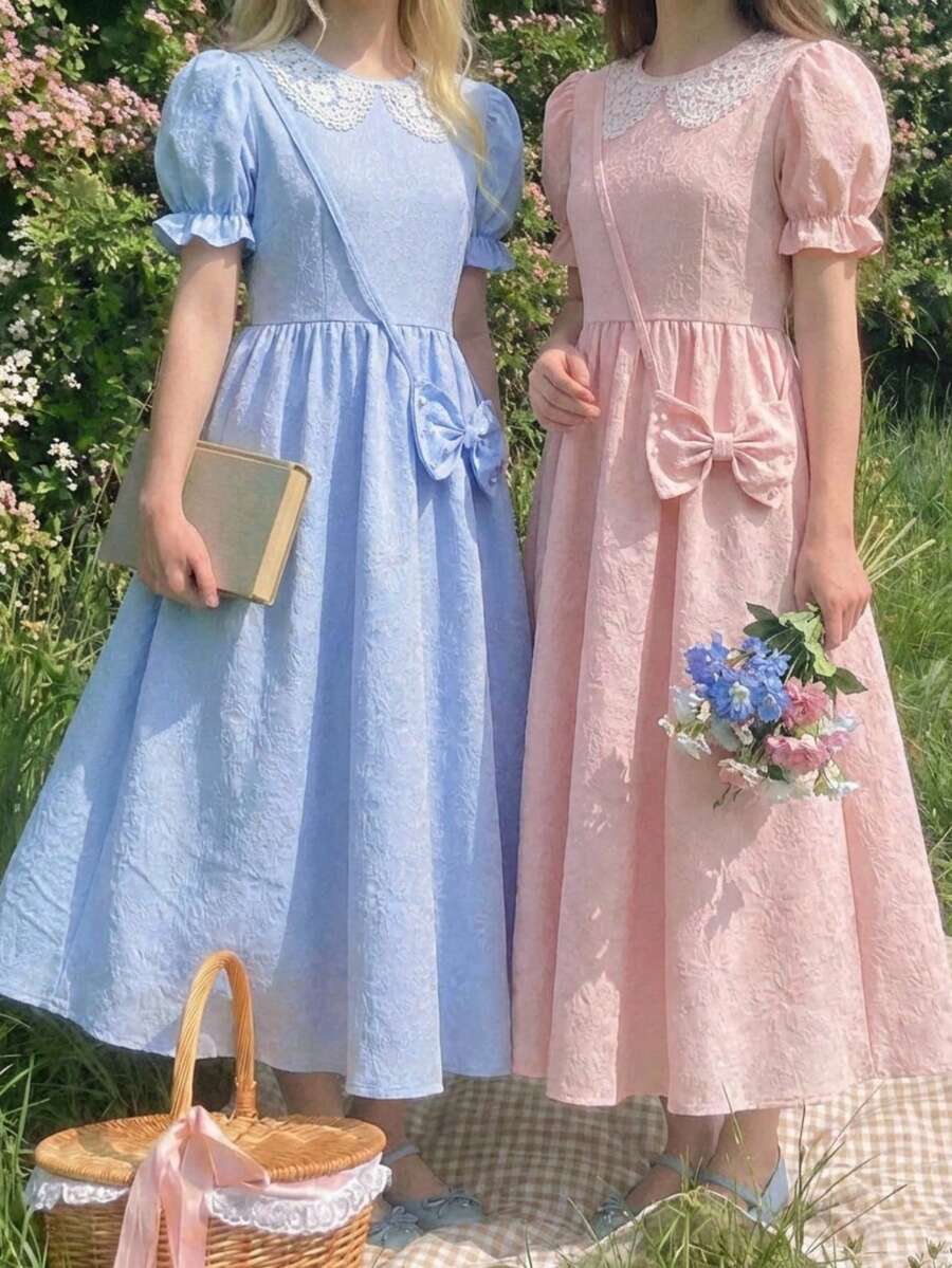 SHEIN Kids Elegant Lace Trim Peter Pan Collar Dress, Girls Puff Sleeve Jacquard Blue Dress For Birthday Party & Daily Wear - Blue - View 1