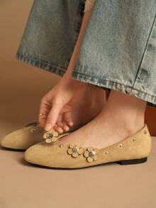 Rosivie Zapatos planos con decoración floral y punta cuadrada para mujer - Albaricoque - Ver 9