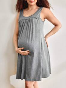 Moonlight&Mama Maternity Solid Color Pleated Casual Dress - Grey - View 6