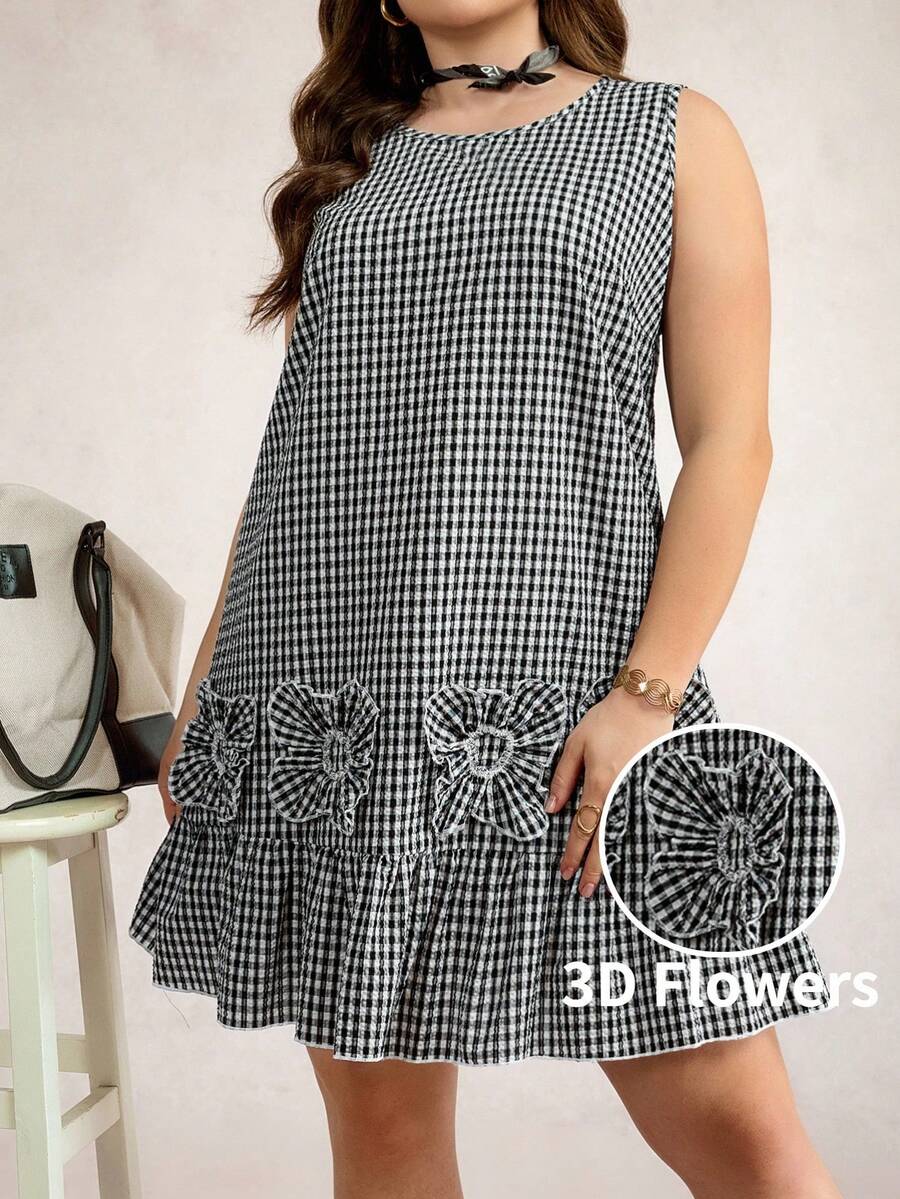 Zelara 大码格子简约日常圆领无袖连衣裙 - 黑與白 - 查看 1