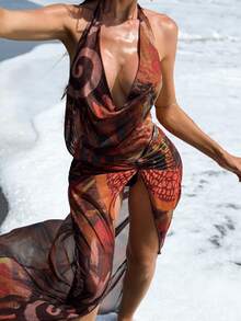 SHEIN BamGlam Women's Beach Cover Up Dress, High Slit Backless Halter Neck, Spring/Summer - Coffee Brown - View 1