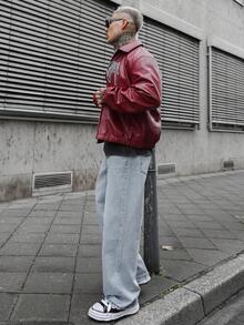 Artur Kramer 男士休闲街头风字母印花PU皮夹克，秋冬款 - 酒紅色 - 查看 6