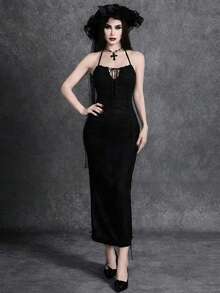 Glisette Women's Elegant Black Lace Slim Fit Spaghetti Strap Dress, Suitable For Dates In Spring/Summer - Black - View 2