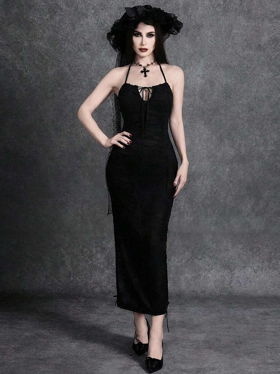 Glisette Women's Elegant Black Lace Slim Fit Spaghetti Strap Dress, Suitable For Dates In Spring/Summer