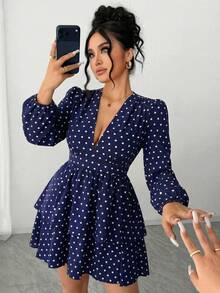 Auvina Vestido de mujer talla grande con cuello en V, estampado de lunares y mangas con volantes en el bajo - Azul Marino - Ver 3