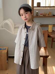 Dazy Kids Tween Boy Casual Striped Short Sleeve Shirt, Summer - Khaki - View 5