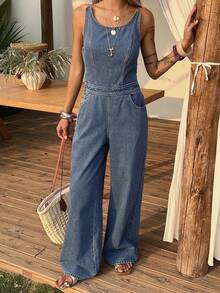 DAZY Women's Round Neck Sleeveless Jumpsuit, Casual Washed Denim Jumpsuit - Medium Wash - View 3