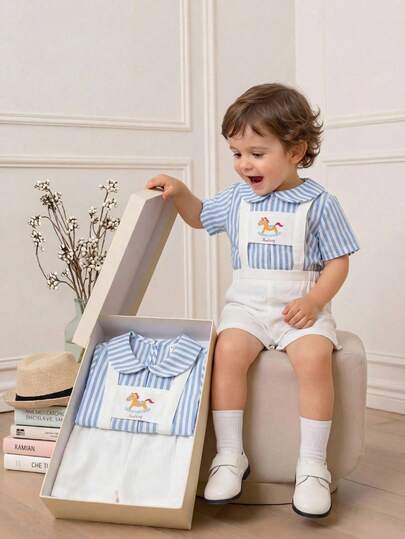 SHEIN 2pcs Baby Boy Summer Casual Preppy Style Cute Striped Short Sleeve Shirt & White Suspender Shorts Set, Suitable For Birthday Party, Rave, Evening Party, Performance, Wedding, Baby Shower, 1st Birthday Celebration