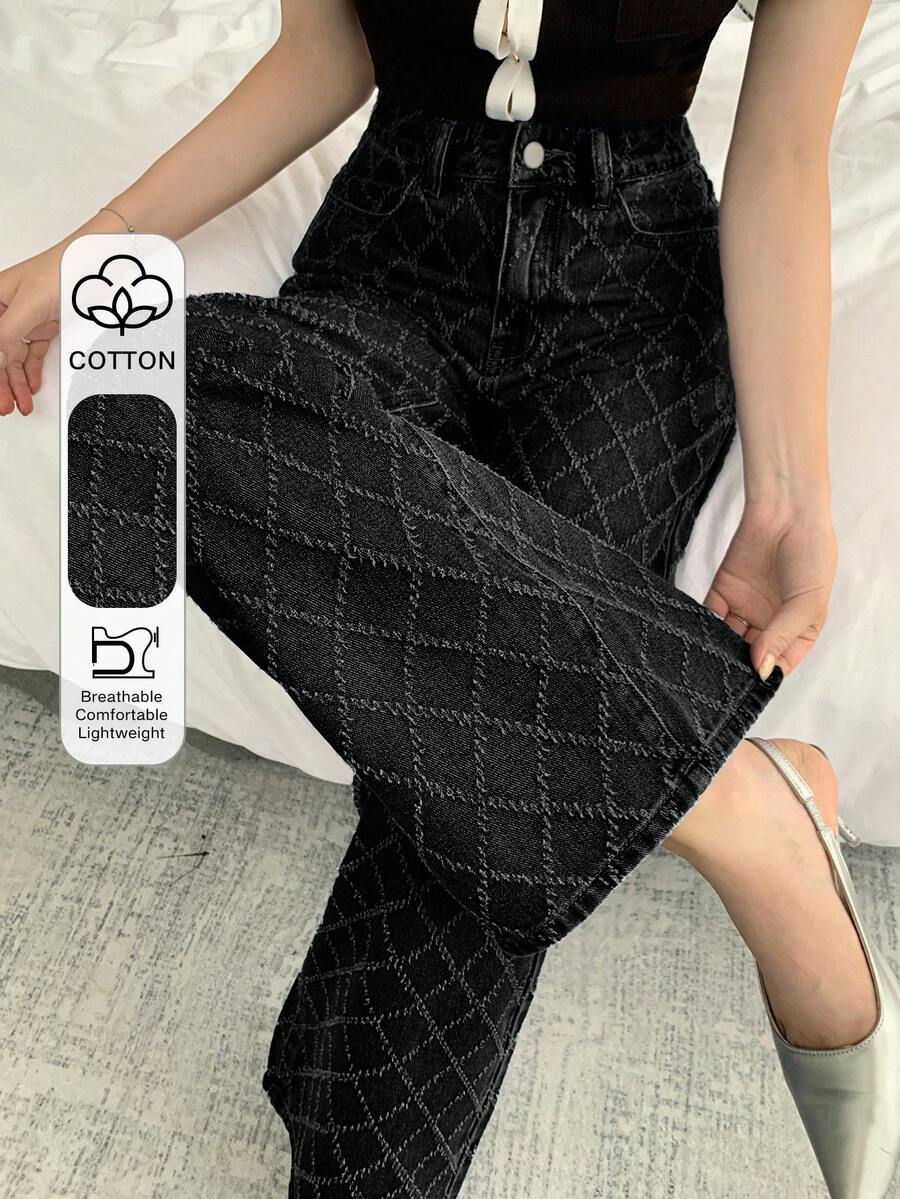 Dazy Tall Jeans rectos y relajados para mujer alta, tela texturizada, uso casual de ciudad - Negro - Ver 1