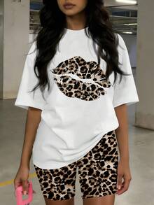 Slaydiva Casual Loose Leopard Print Lip Graphic Round Neck Short Sleeve T-Shirt And Shorts Set, Suitable For Summer Music Festivals, Plus Size - Brown - View 3