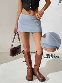 Comfortcana Light Blue Linen Mini Low-Waist Skirt, Summer - Baby Blue - View 2