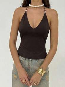 Aloruh 棕色串珠吊带背心，女士夏季紧身性感复古吊带背心，沙滩度假无袖上衣 - 棕色 - 查看 8