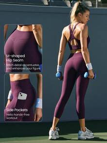 GLOWMODE 21" FeatherFit™-Sculpt Slay The Sweat Compressive Anti-Roll Tummy Control No Front Seam Side Pockets Leggings Training Running Workout Gym - Purple - View 6