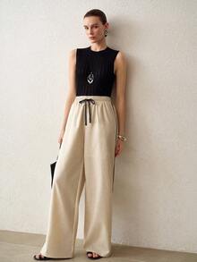 MOTF PREMIUM WOMEN'S CASUAL DRAWSTRING WAIST WIDE LEG PANTS - Apricot - View 7