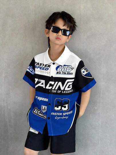 青少年男童休闲宽松街头字母和赛车图案 Polo 领短袖衬衫，适合通勤、上学、日常休闲穿着、运动、春夏穿着