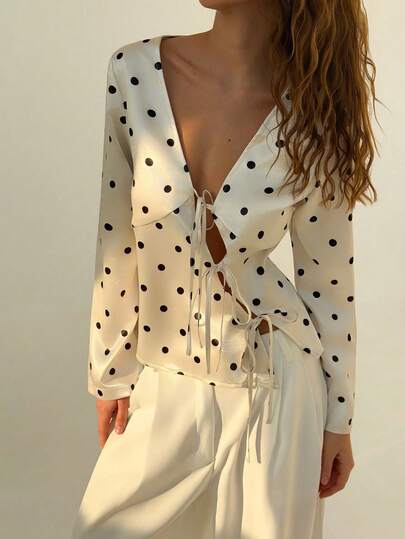 Franclia Women's Elegant Commuter Front Tie Polka Dot Print V-Neck Blouse