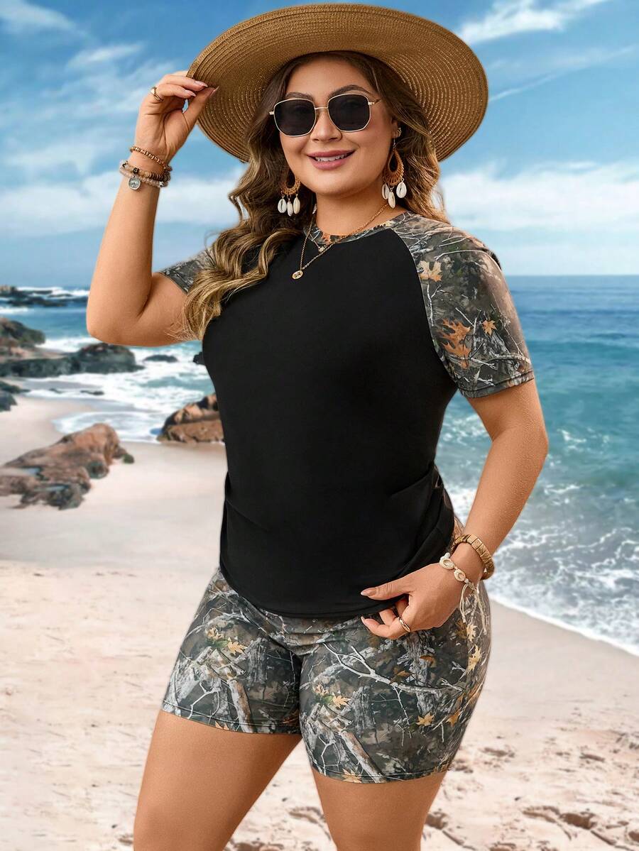 Swim Lushoire 大码女式两件套随机印花无袖短裤比基尼套装，适合运动、冲浪、海滩度假 - 彩色 - 查看 1