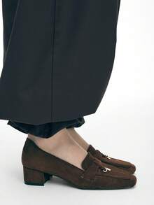 Mnmlis Mocasines de tacón grueso para mujer, zapatos de punta cuadrada con hebilla de metal de ante de moda - Café integral - Ver 2