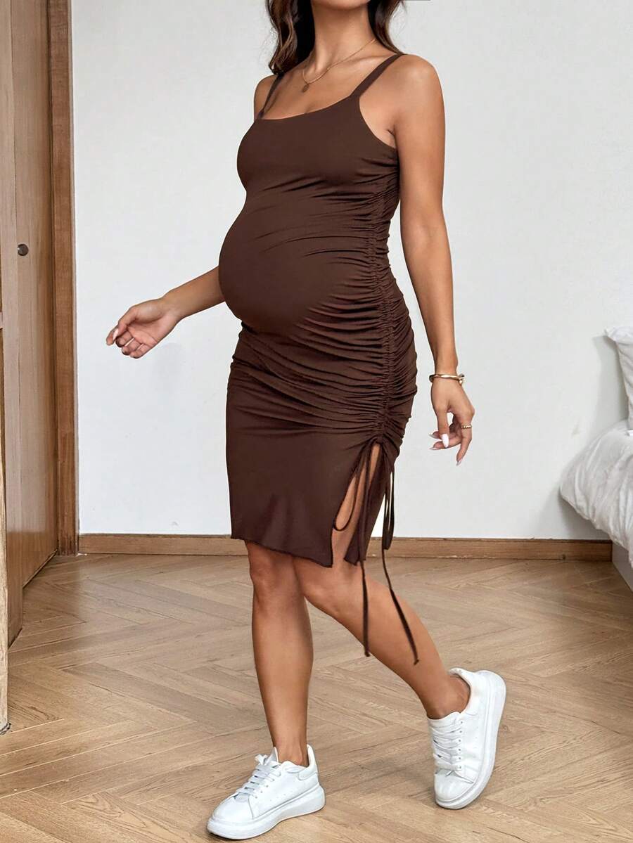 SHEIN Maternity Summer Casual Solid Color Side Drawstring Side Slit Camisole Dress - Brown - View 1