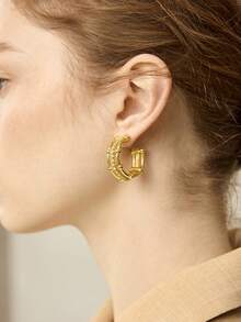 MOTF PREMIUM PRE18K GOLD PLATED BAMBOO MESH GEMSTONE TEMPERAMENT SIMPLE EARRINGS - Yellow Gold - View 3