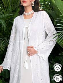 SHEIN Najma Spring/Summer Fashionable Casual Long Cotton Embroidered Open-Front Long Sleeve Wide-Hem Robe/Outerwear White Abaya Gown - White - View 9