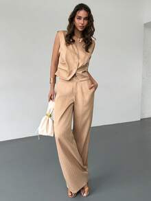 RiviMae Islalun Women's Striped Suit Vest With Waist Cinching, Sleeveless Flared Leg Pants Set - Apricot - View 6