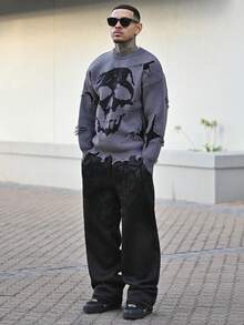 Devon Thys 男士街头风流行 INS 配色蜘蛛网和心形刺绣运动裤，宽松版型，粉色，送给男朋友/丈夫、周年纪念的理想礼物 - 黑色 - 查看 1