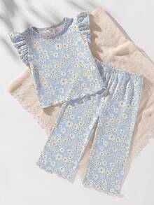 女婴夏季系列两件套睡衣套装，蓝色雏菊碎花和白色春日花朵印花，荷叶边袖上衣和裤子。 - 藍色 - 查看 1