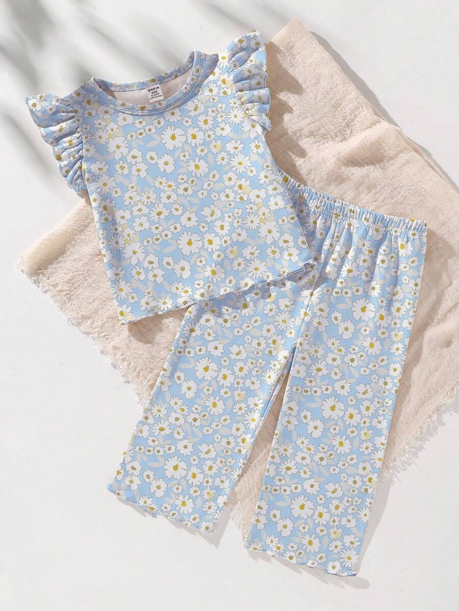女婴夏季系列两件套睡衣套装，蓝色雏菊碎花和白色春日花朵印花，荷叶边袖上衣和裤子。 - 藍色 - 查看 1