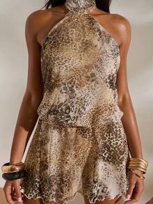 Opulessa Đầm ngắn hở vai cổ yếm bằng vải lưới dệt kim in họa tiết, thích hợp cho kỳ nghỉ xuân hè của phụ nữ. - màu nâu - Xem 3