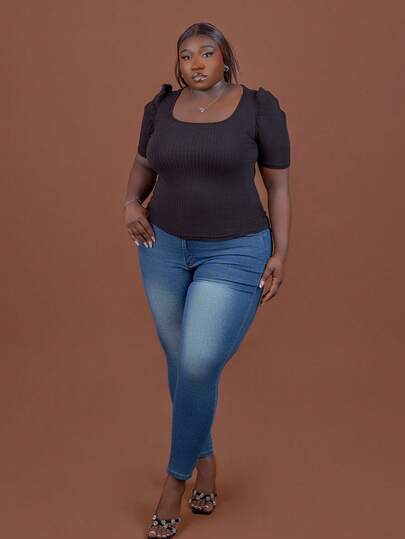 CurvyTilda Plus Ribbed Knit Scoop Neck Puff Sleeve Tee Spring To Summer
