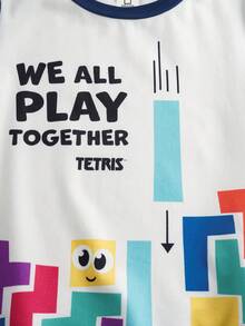 Tetris™ X SHEIN Young Boy Contrast Color Geometric Print Short Sleeve Top And Shorts Pajama Set - White - View 4