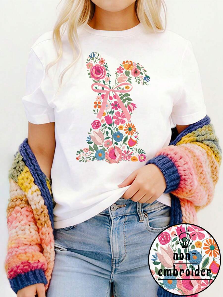 EMERY ROSE Vintage Cute Rabbit Pattern Round Neck Short Sleeve Plus Size T-Shirt - White - View 1