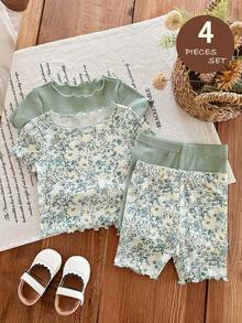 SHEIN LMoss Kids 4件套女婴碎花圆领短袖短裤针织睡衣套装 - 彩色 - 查看 3