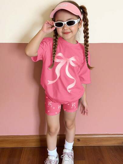 2pcs/Set Young Girl Casual Minimalist Pink Heart & Bow Print Short Sleeve Round Neck T-Shirt And Skinny Cycling Shorts, Suitable For Spring/Summer Daily, Home, School Wear